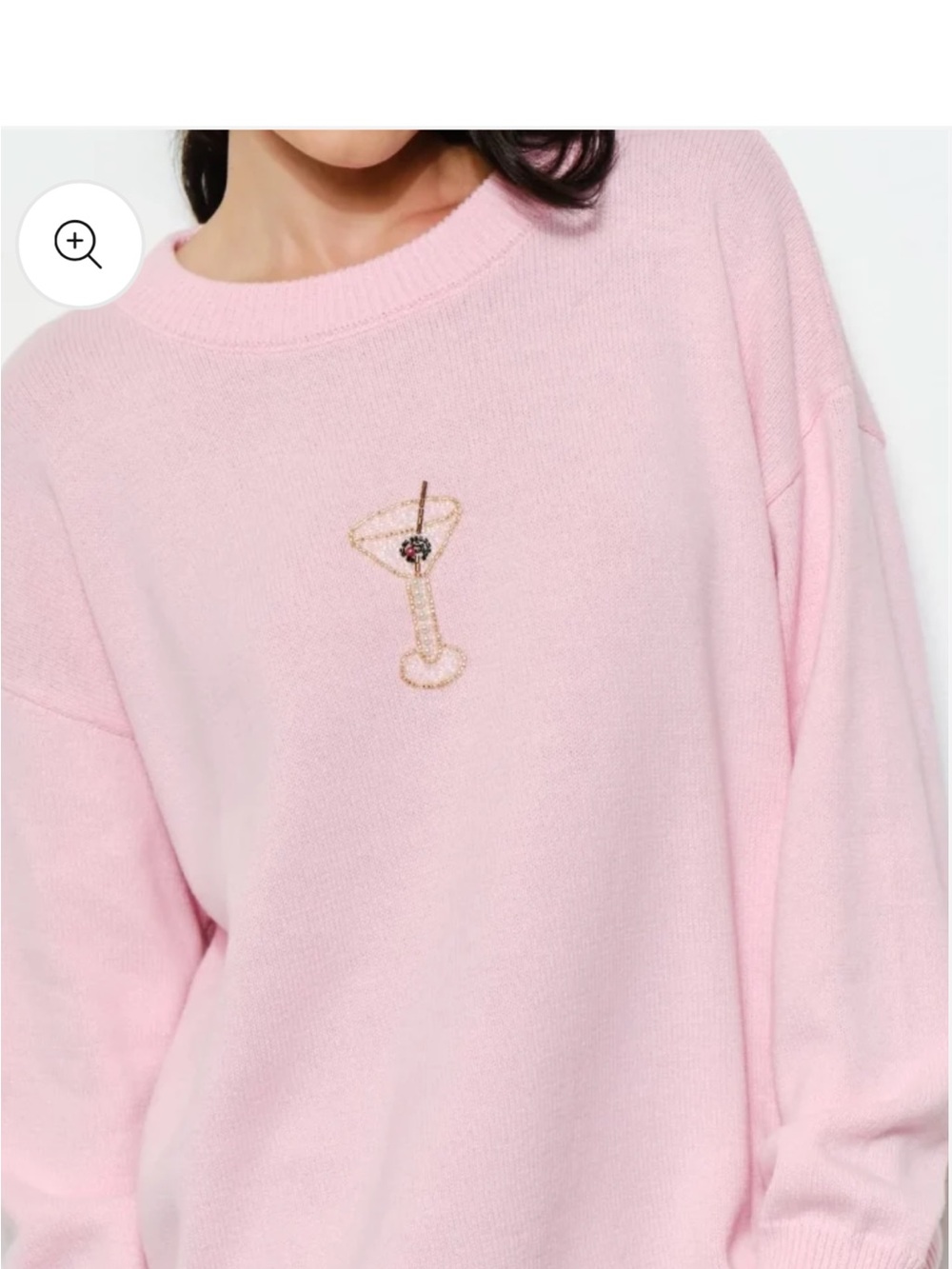 NWT Women's Pink Crewneck Sweater with Beaded Cocktail Motif - Martini